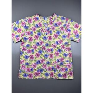 Scrub Station VS Collection Women's V Neck Scrub Top Size Large Yellow Floral